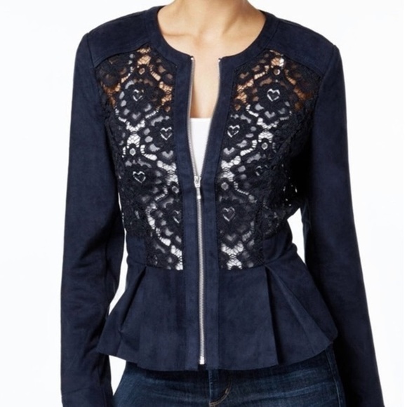 🆕 INC International Concepts Women’s Floral Lace Crochet Front Zip Navy Jacket - Picture 1 of 14